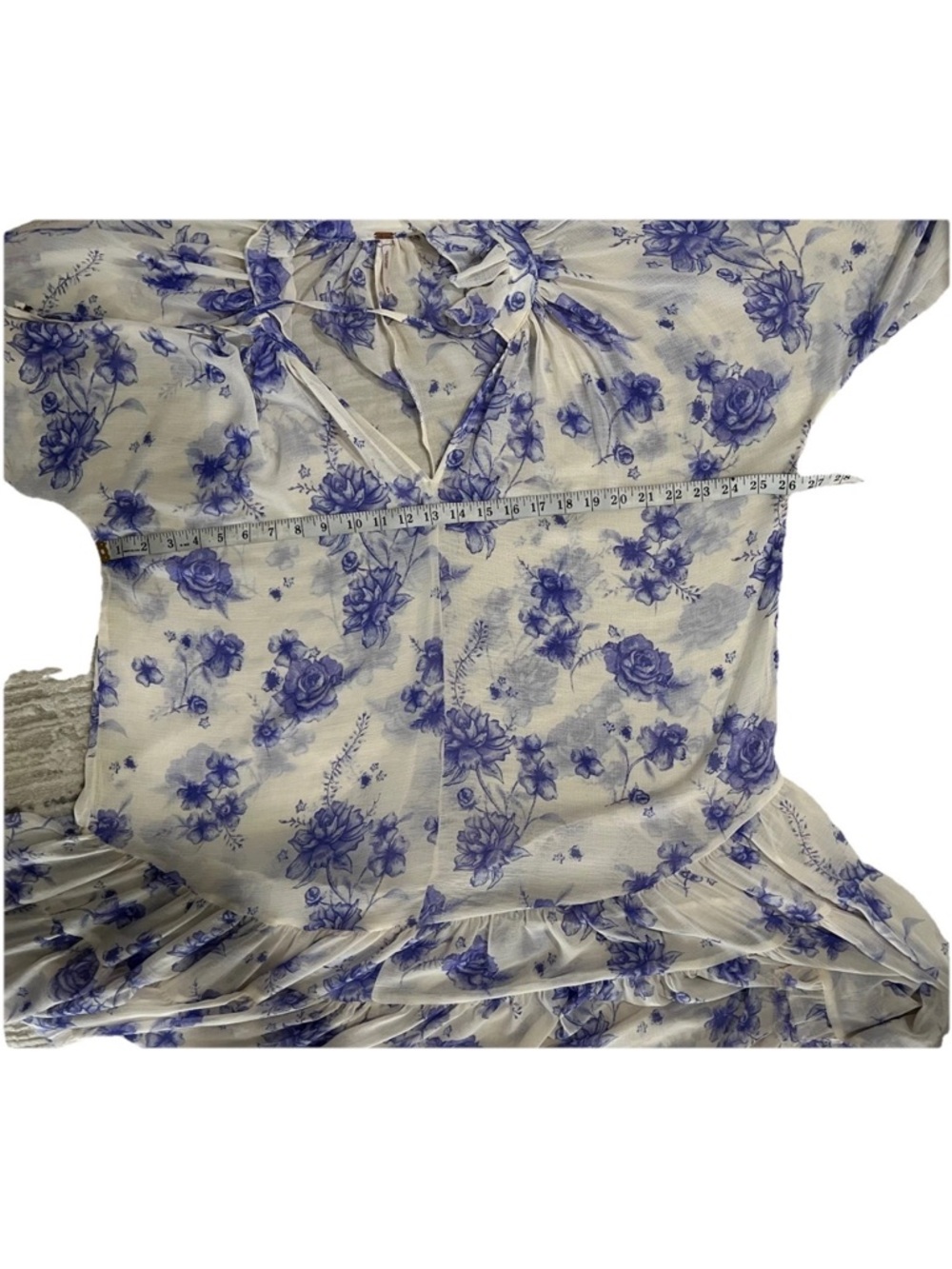 Free People M Ivory Purple Floral Puff Sleeves Dress Ruffle Frayed hem - Picture 8 of 11